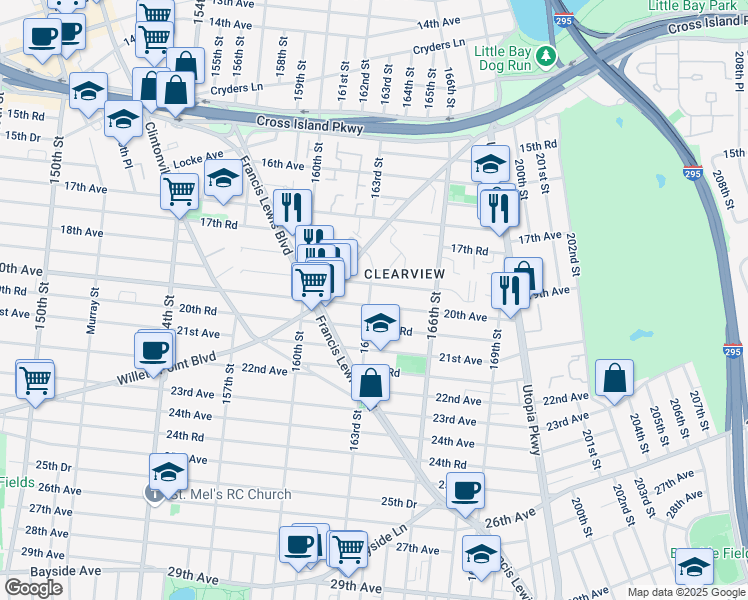 map of restaurants, bars, coffee shops, grocery stores, and more near 163-03 20th Avenue in Queens