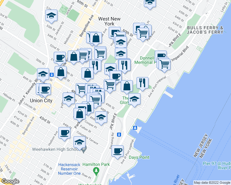 map of restaurants, bars, coffee shops, grocery stores, and more near 32 51st Street in West New York