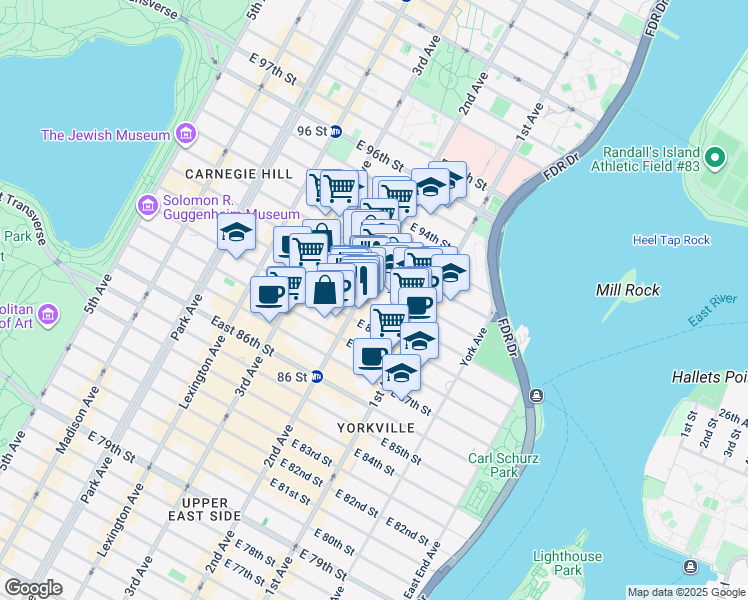 map of restaurants, bars, coffee shops, grocery stores, and more near 303 East 90th Street in New York