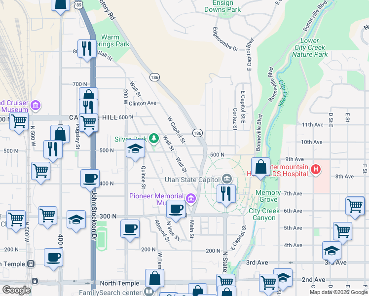 map of restaurants, bars, coffee shops, grocery stores, and more near 517 West Capitol Street in Salt Lake City