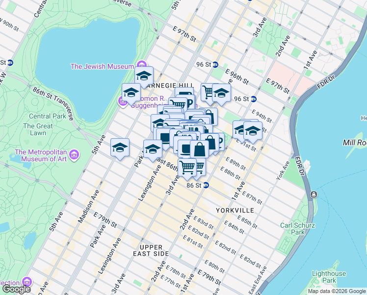 map of restaurants, bars, coffee shops, grocery stores, and more near 1574 3rd Avenue in New York