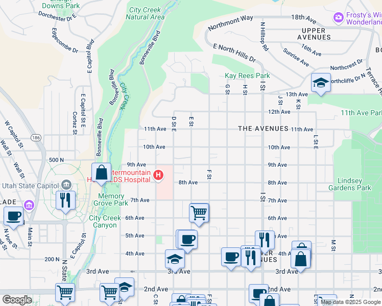 map of restaurants, bars, coffee shops, grocery stores, and more near 477 E Street East in Salt Lake City