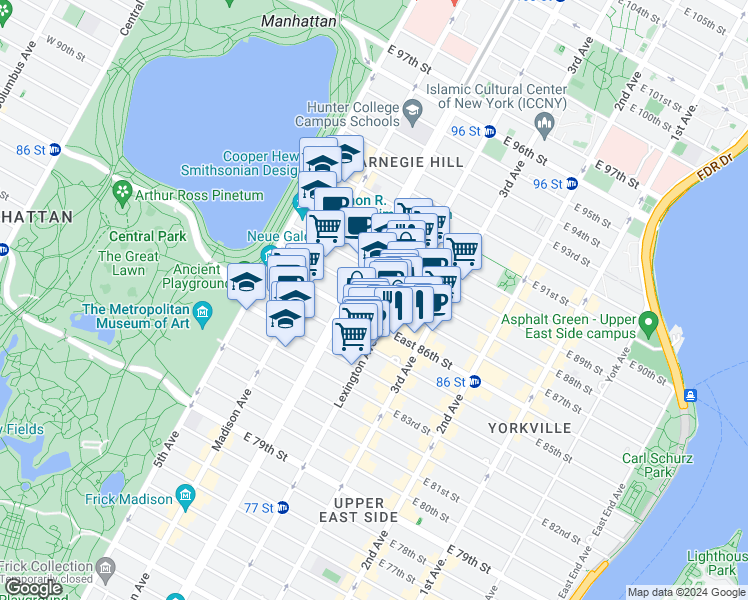 map of restaurants, bars, coffee shops, grocery stores, and more near 120 East 87th Street in New York