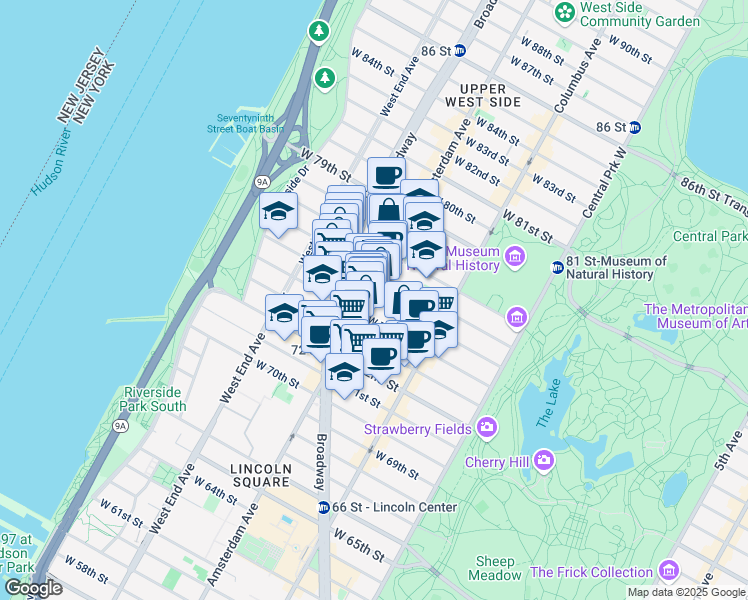 map of restaurants, bars, coffee shops, grocery stores, and more near 170 West 75th Street in New York
