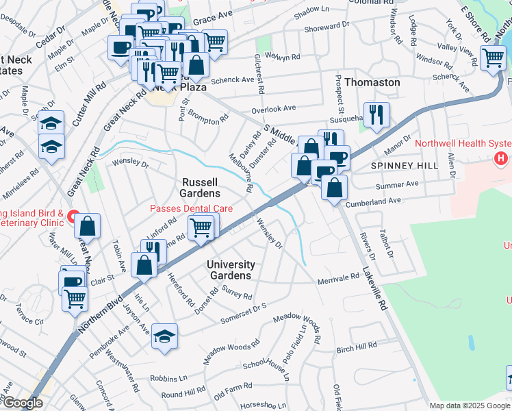 map of restaurants, bars, coffee shops, grocery stores, and more near 525 Northern Boulevard in Great Neck