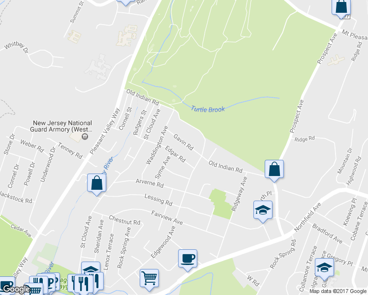 map of restaurants, bars, coffee shops, grocery stores, and more near 13 Gavin Road in West Orange