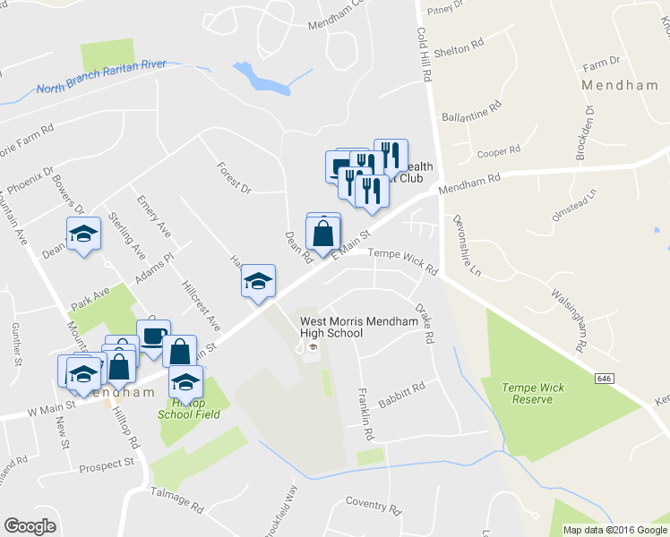 map of restaurants, bars, coffee shops, grocery stores, and more near 85 East Main Street in Mendham