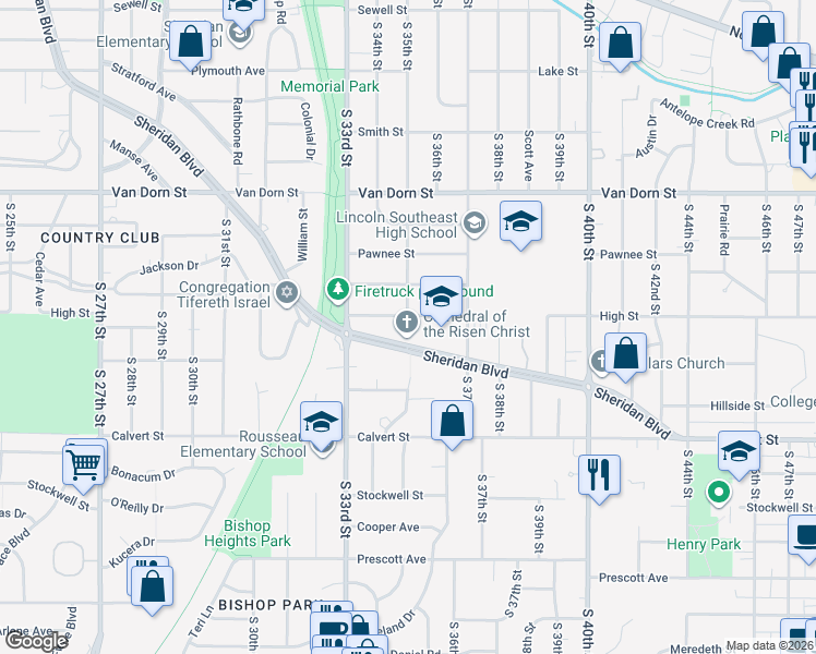 map of restaurants, bars, coffee shops, grocery stores, and more near 3500 Sheridan Boulevard in Lincoln