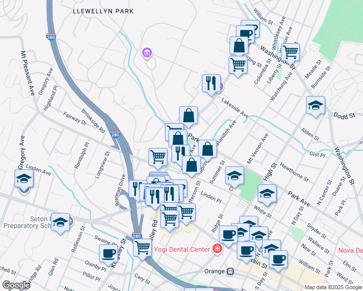 map of restaurants, bars, coffee shops, grocery stores, and more near 2 Llewellyn Place in West Orange