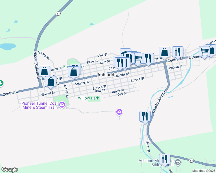map of restaurants, bars, coffee shops, grocery stores, and more near 1138 Spruce Street in Ashland