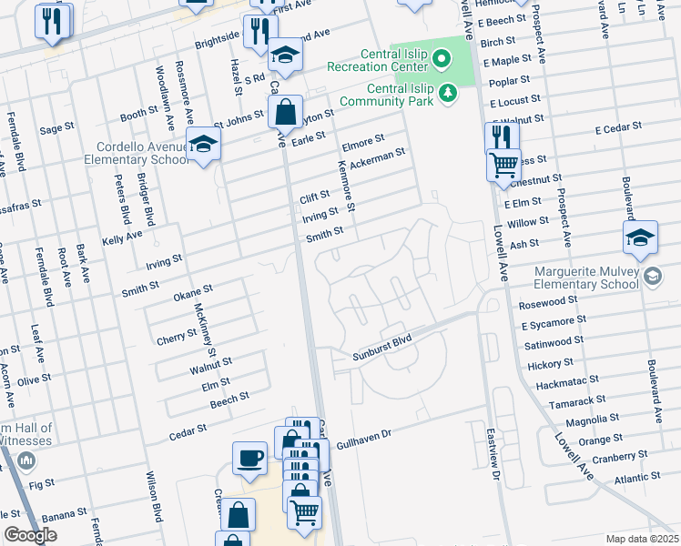 map of restaurants, bars, coffee shops, grocery stores, and more near 5 Sprucewood Boulevard in Central Islip