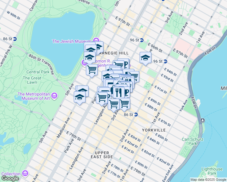 map of restaurants, bars, coffee shops, grocery stores, and more near 1299 Lexington Avenue in New York