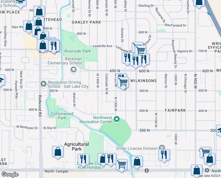 map of restaurants, bars, coffee shops, grocery stores, and more near 507 North 1300 West in Salt Lake City