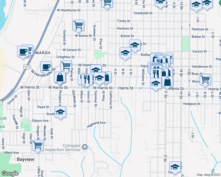 map of restaurants, bars, coffee shops, grocery stores, and more near 2969 California Street in Eureka