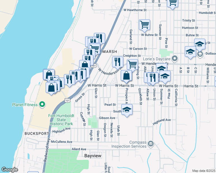 map of restaurants, bars, coffee shops, grocery stores, and more near 975 West Harris Street in Eureka