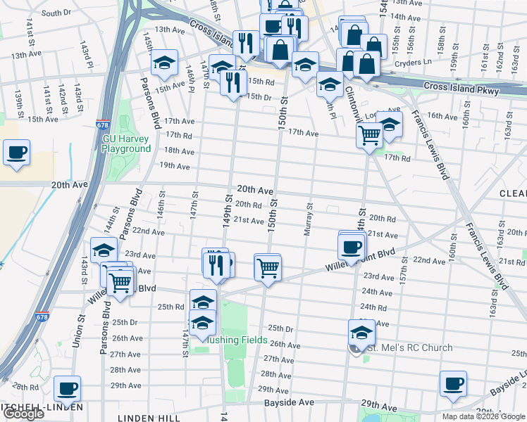 map of restaurants, bars, coffee shops, grocery stores, and more near 14954 20th Road in Queens