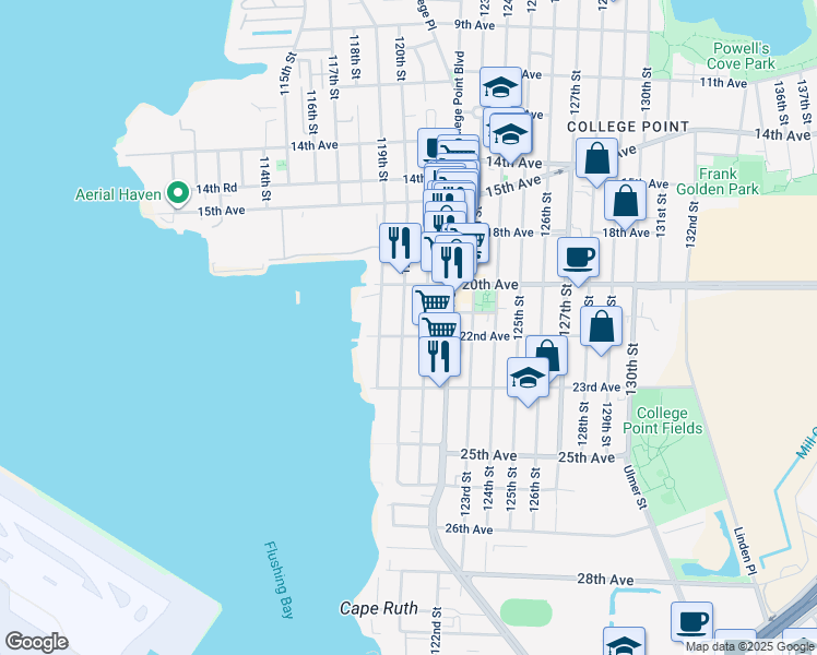 map of restaurants, bars, coffee shops, grocery stores, and more near 20-44 120th Street in Queens