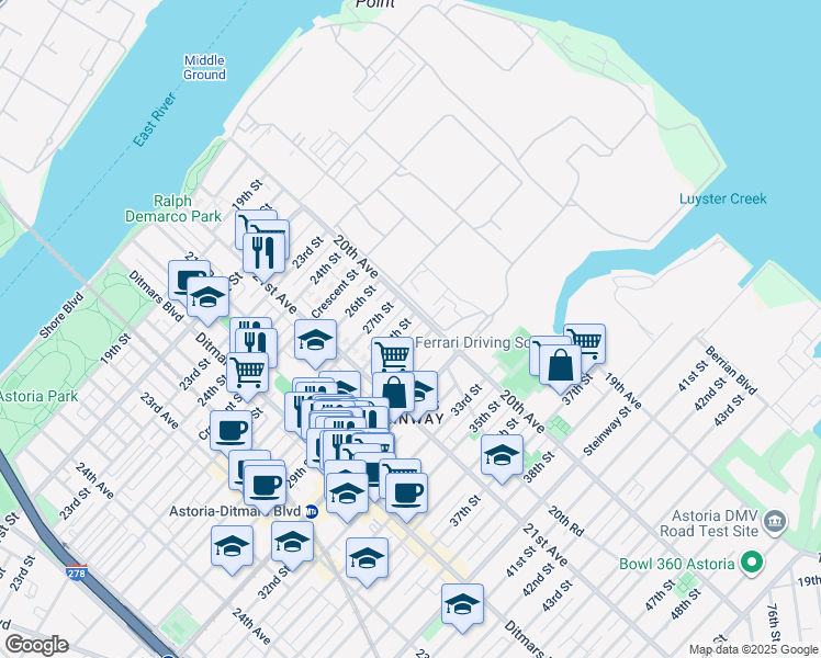 map of restaurants, bars, coffee shops, grocery stores, and more near 20-09 28th Street in Queens