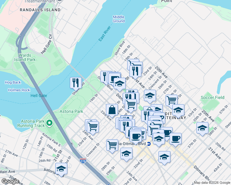 map of restaurants, bars, coffee shops, grocery stores, and more near 22-04 21st Street in Queens