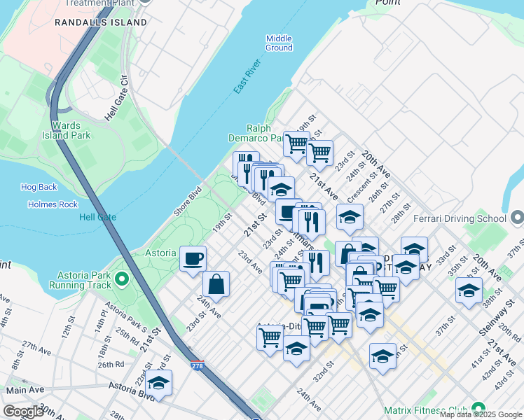 map of restaurants, bars, coffee shops, grocery stores, and more near 22-04 21st Street in Queens