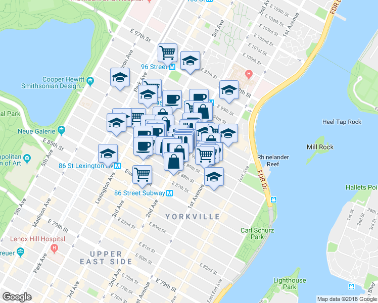 map of restaurants, bars, coffee shops, grocery stores, and more near in New York