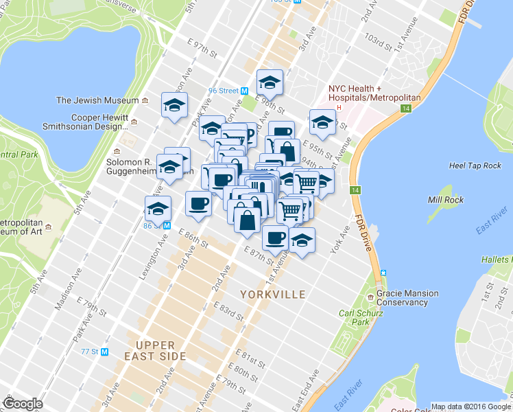 map of restaurants, bars, coffee shops, grocery stores, and more near in New York
