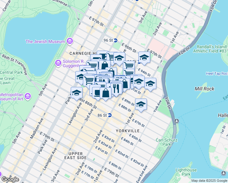 map of restaurants, bars, coffee shops, grocery stores, and more near 232 East 90th Street in New York