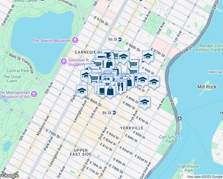 map of restaurants, bars, coffee shops, grocery stores, and more near 232 East 90th Street in New York