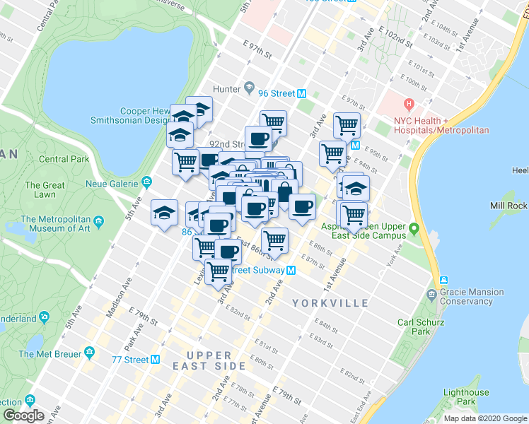 map of restaurants, bars, coffee shops, grocery stores, and more near 1574 3rd Avenue in New York