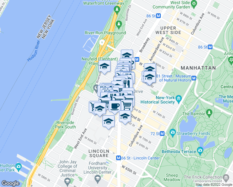 map of restaurants, bars, coffee shops, grocery stores, and more near 244 West 74th Street in New York