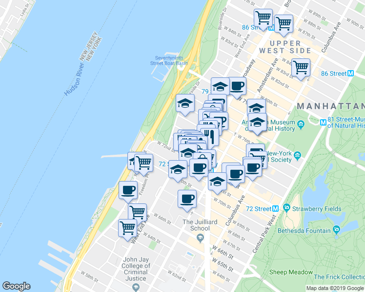 map of restaurants, bars, coffee shops, grocery stores, and more near in New York