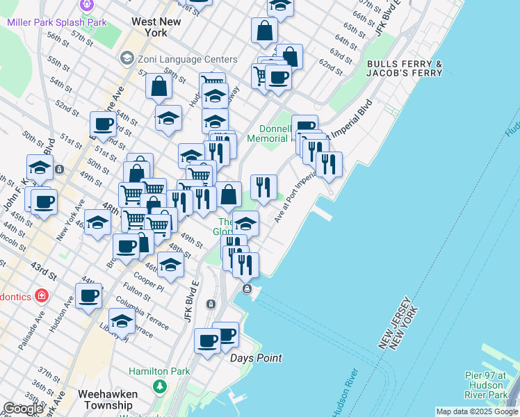 map of restaurants, bars, coffee shops, grocery stores, and more near in West New York