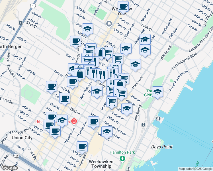 map of restaurants, bars, coffee shops, grocery stores, and more near 218 48th Street in Union City