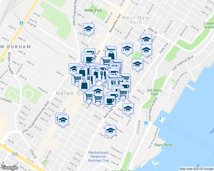 map of restaurants, bars, coffee shops, grocery stores, and more near 218 48th Street in Union City