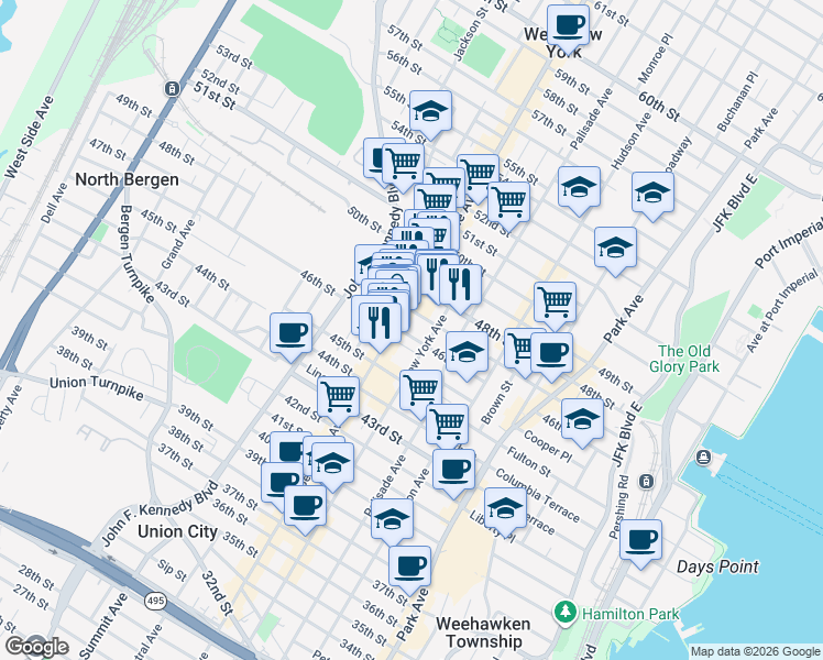 map of restaurants, bars, coffee shops, grocery stores, and more near 414 46th Street in Union City
