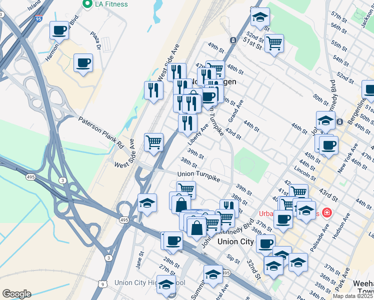 map of restaurants, bars, coffee shops, grocery stores, and more near 3816 Liberty Avenue in North Bergen