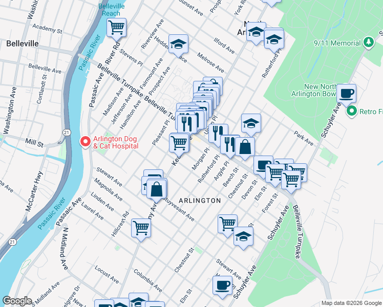 map of restaurants, bars, coffee shops, grocery stores, and more near 822 Kearny Avenue in Kearny