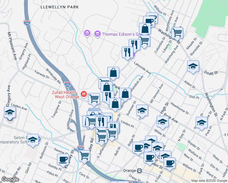 map of restaurants, bars, coffee shops, grocery stores, and more near 75 Ashland Avenue in West Orange