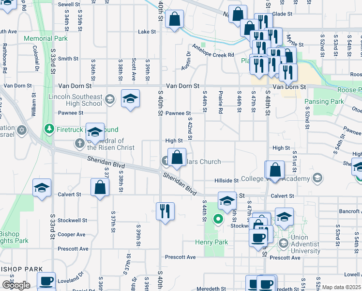 map of restaurants, bars, coffee shops, grocery stores, and more near 4115 High Street in Lincoln