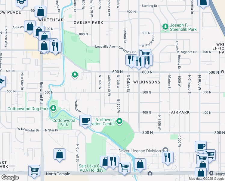 map of restaurants, bars, coffee shops, grocery stores, and more near 1330 West 500 North in Salt Lake City