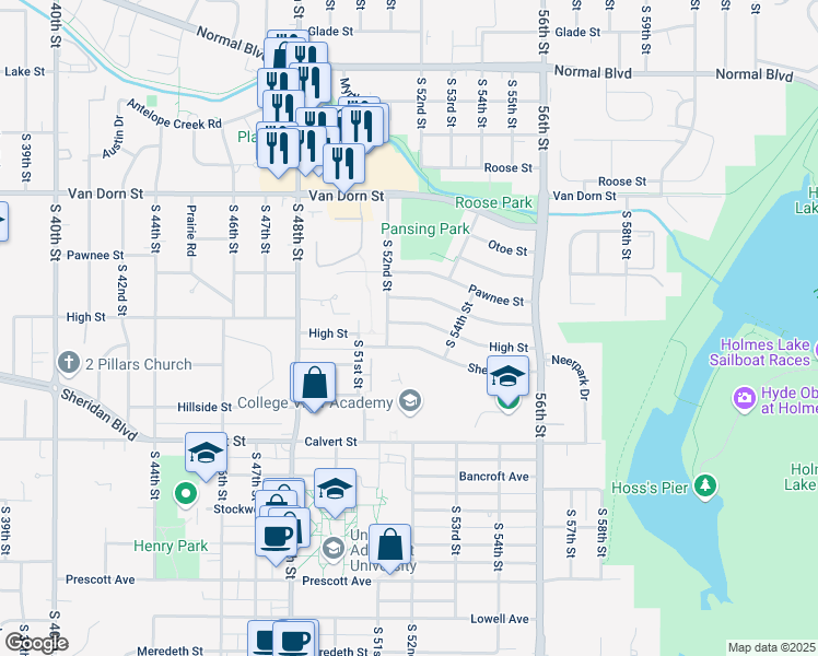 map of restaurants, bars, coffee shops, grocery stores, and more near 5221 High Street in Lincoln