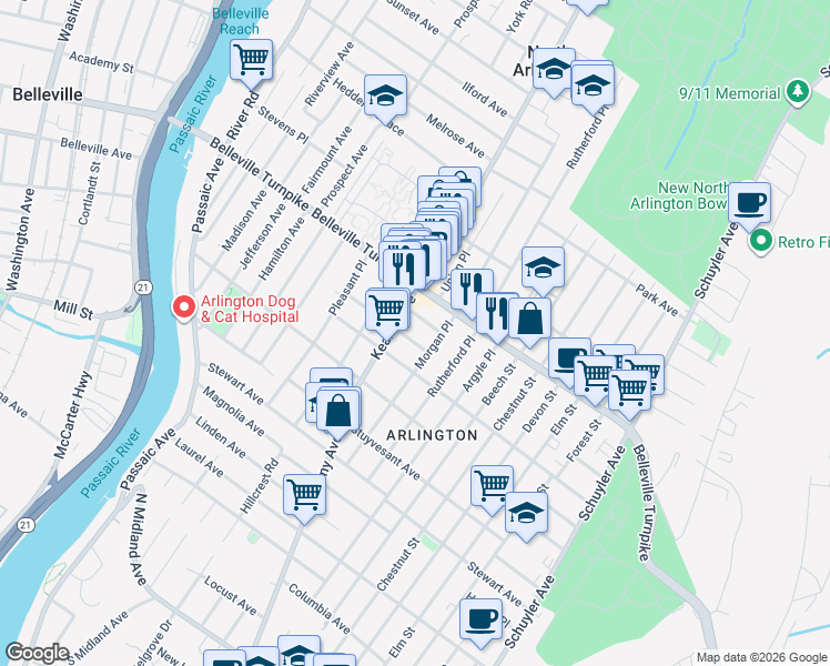 map of restaurants, bars, coffee shops, grocery stores, and more near 822 Kearny Avenue in Kearny