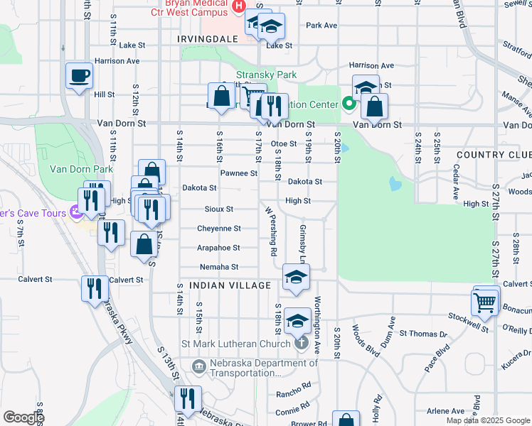 map of restaurants, bars, coffee shops, grocery stores, and more near 3225 West Pershing Road in Lincoln