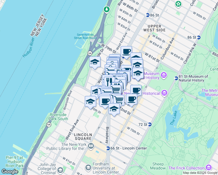 map of restaurants, bars, coffee shops, grocery stores, and more near in New York