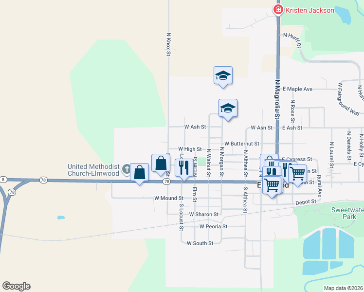 map of restaurants, bars, coffee shops, grocery stores, and more near 701 West High Street in Elmwood