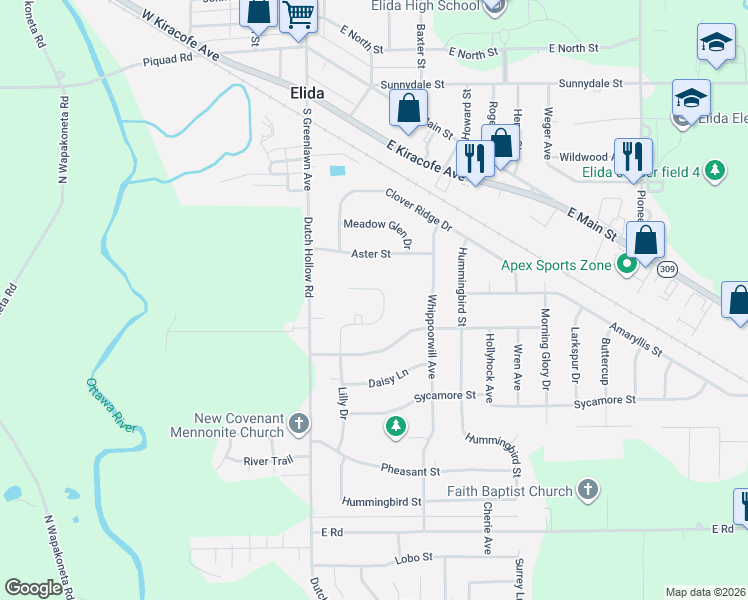 map of restaurants, bars, coffee shops, grocery stores, and more near 4023 Lilly Drive in Elida