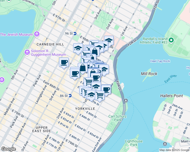 map of restaurants, bars, coffee shops, grocery stores, and more near 331 East 91st Street in New York