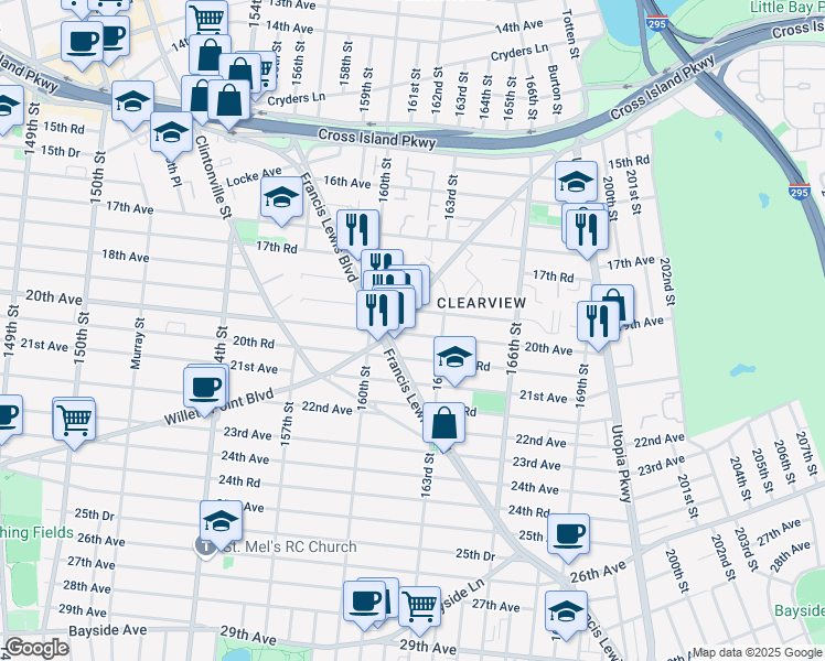 map of restaurants, bars, coffee shops, grocery stores, and more near 160-43 20th Avenue in Queens