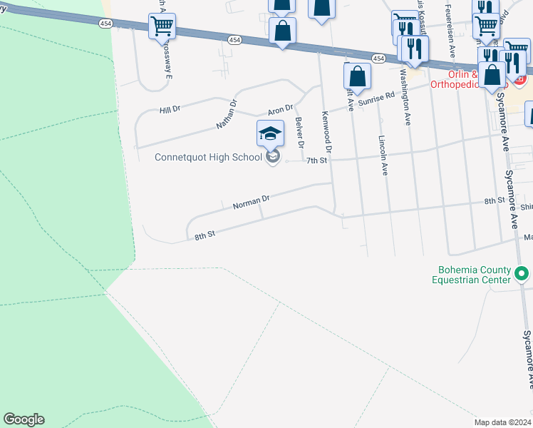 map of restaurants, bars, coffee shops, grocery stores, and more near 423 8th Street in Bohemia