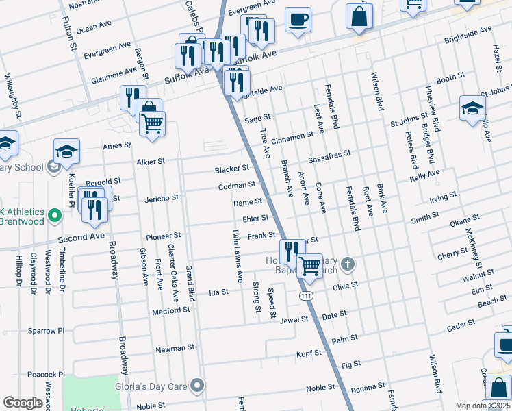 map of restaurants, bars, coffee shops, grocery stores, and more near 12 Dame Street in Brentwood